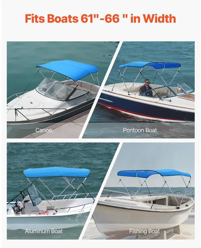 Alt view image 2 of 7 - 3 Bow Boat Bimini Tops 6'Lx(61"-66")W x 46"H Awning Canopy Pacific Blue