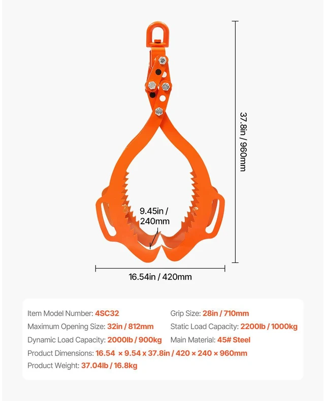 Alt view image 6 of 7 - 32in Log Lifting Tongs 4 Claw Solid Steel Log Grapple Swivel Log Tools