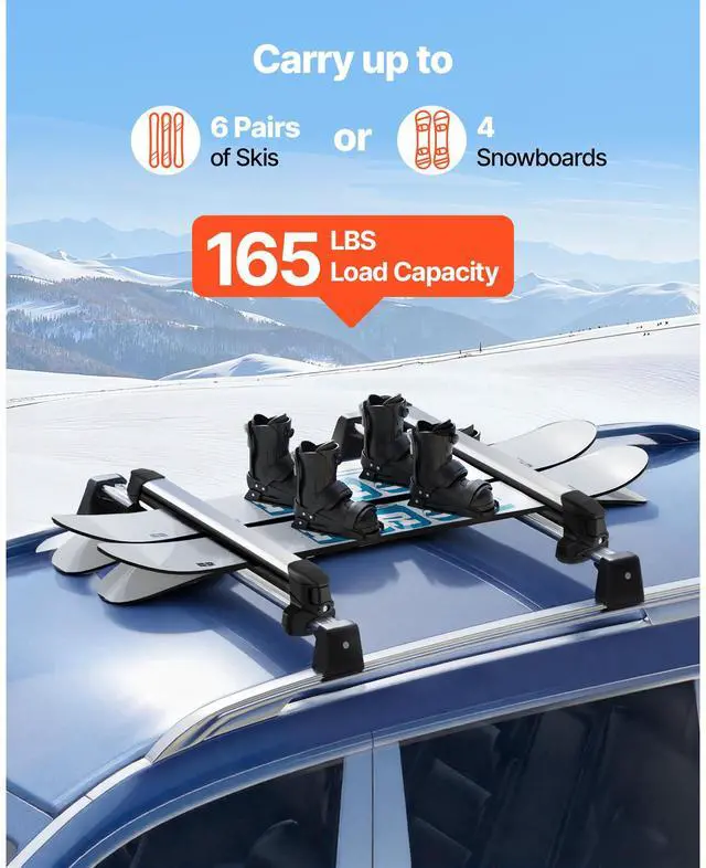 Alt view image 5 of 7 - Ski & Snowboard Roof Rack, Carry up to 6 Pairs of Skis or 4 Snowboards, 2 PCS Aluminum Universal Car Roof Rack Top Holder with Lock and Rubber Padding for Fishing Pole Rod, Fit Most Crossbars