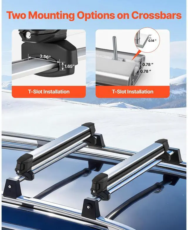 Alt view image 6 of 7 - Ski & Snowboard Roof Rack, Carry up to 6 Pairs of Skis or 4 Snowboards, 2 PCS Aluminum Universal Car Roof Rack Top Holder with Lock and Rubber Padding for Fishing Pole Rod, Fit Most Crossbars