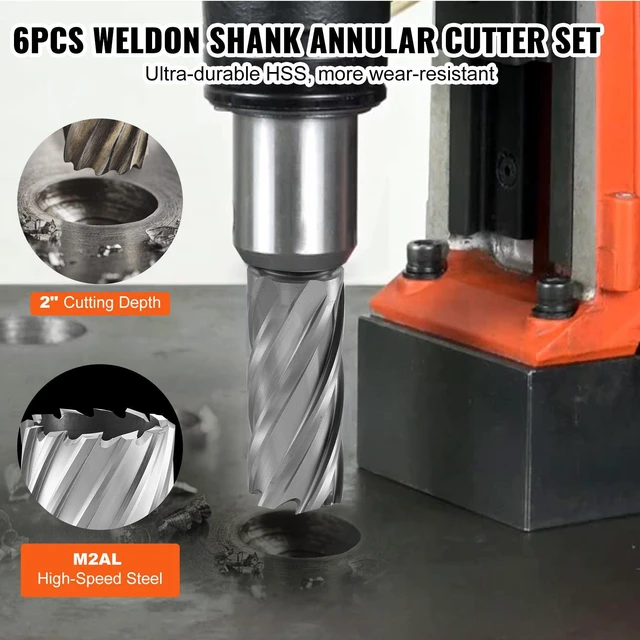 Alt view image 4 of 7 - Annular Cutter Set, 6 pcs Weldon Shank Mag Drill Bits, 1" to 2" Cutting Diameter, 2" Cutting Depth, M2AL High-Speed Steel, with 2 Pilot Pins and Portable Case, for Using with Magnetic Drills