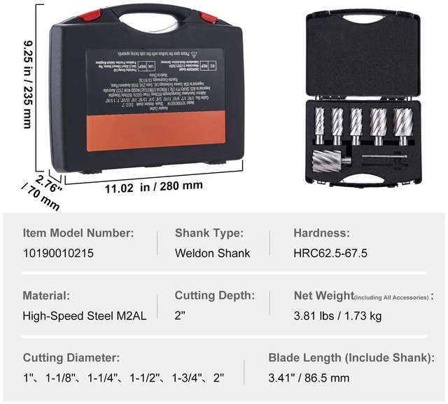 Alt view image 6 of 7 - Annular Cutter Set, 6 pcs Weldon Shank Mag Drill Bits, 1" to 2" Cutting Diameter, 2" Cutting Depth, M2AL High-Speed Steel, with 2 Pilot Pins and Portable Case, for Using with Magnetic Drills