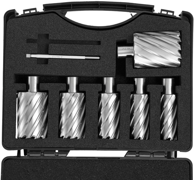Alt view image 7 of 7 - Annular Cutter Set, 6 pcs Weldon Shank Mag Drill Bits, 1" to 2" Cutting Diameter, 2" Cutting Depth, M2AL High-Speed Steel, with 2 Pilot Pins and Portable Case, for Using with Magnetic Drills