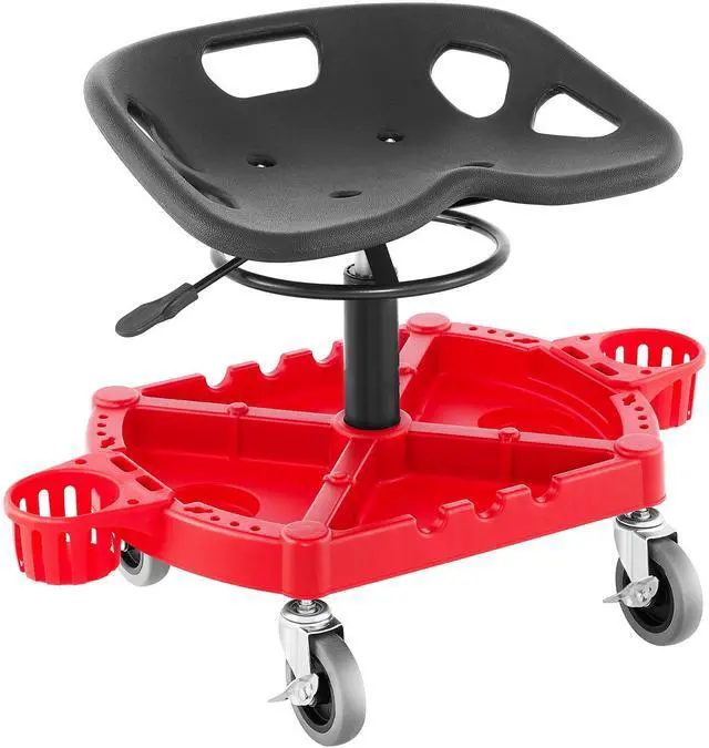 Main image of Rolling Garage Stool, 300LBS Capacity, Adjustable Height from 18 in to 23 in, 360-degree Swivel Wheels (4"), Large Tool Tray with Two Bottle Holder, for Workshop, Auto Repair Shop, Red