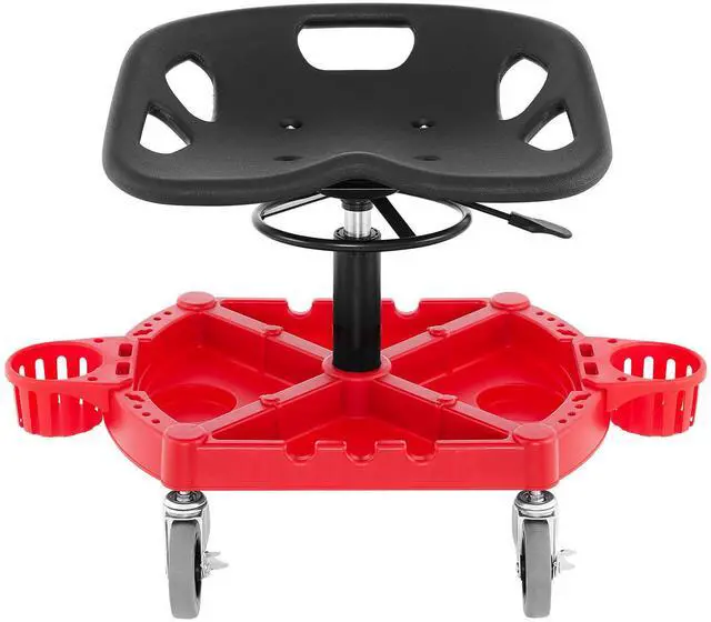 Alt view image 3 of 7 - Rolling Garage Stool, 300LBS Capacity, Adjustable Height from 18 in to 23 in, 360-degree Swivel Wheels (4"), Large Tool Tray with Two Bottle Holder, for Workshop, Auto Repair Shop, Red