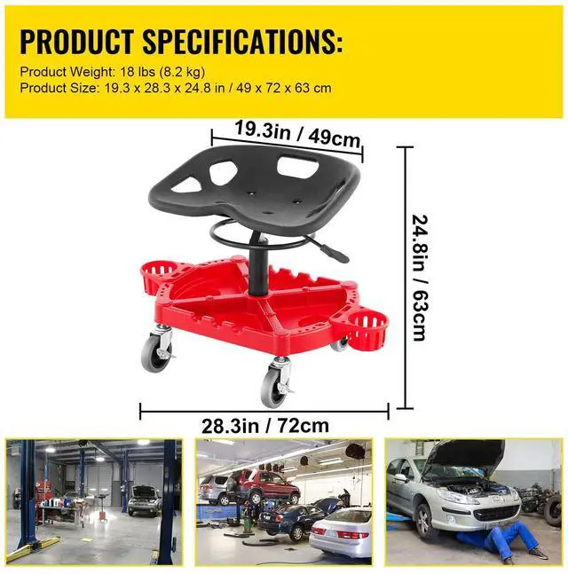 Alt view image 4 of 7 - Rolling Garage Stool, 300LBS Capacity, Adjustable Height from 18 in to 23 in, 360-degree Swivel Wheels (4"), Large Tool Tray with Two Bottle Holder, for Workshop, Auto Repair Shop, Red