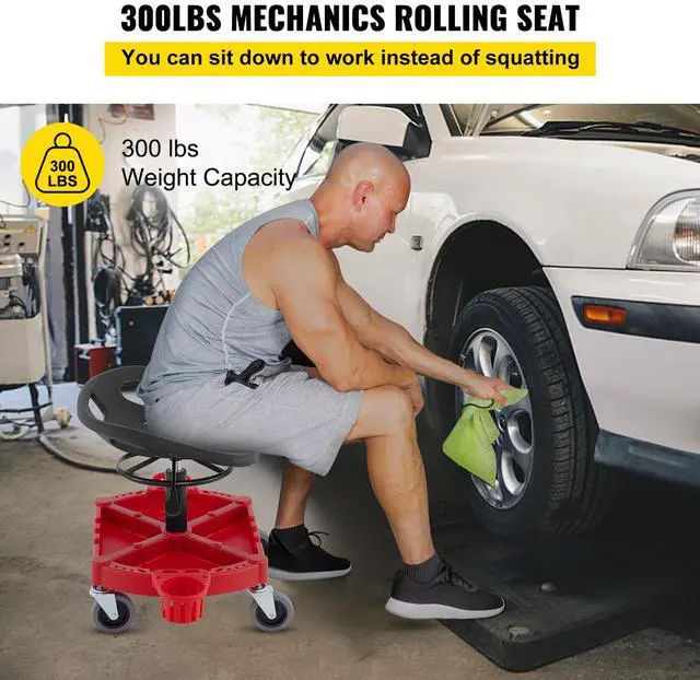 Alt view image 6 of 7 - Rolling Garage Stool, 300LBS Capacity, Adjustable Height from 18 in to 23 in, 360-degree Swivel Wheels (4"), Large Tool Tray with Two Bottle Holder, for Workshop, Auto Repair Shop, Red