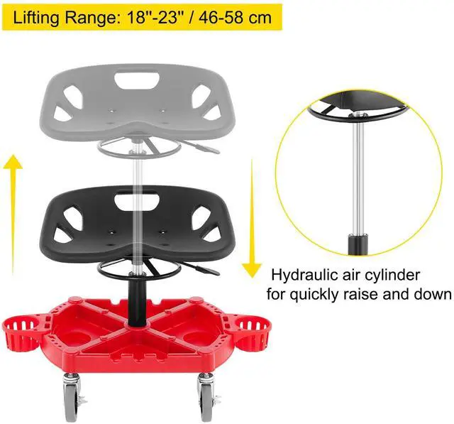 Alt view image 5 of 7 - Rolling Garage Stool, 300LBS Capacity, Adjustable Height from 18 in to 23 in, 360-degree Swivel Wheels (4"), Large Tool Tray with Two Bottle Holder, for Workshop, Auto Repair Shop, Red