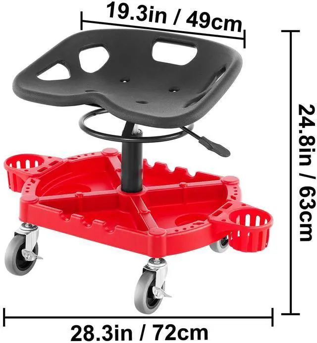 Alt view image 7 of 7 - Rolling Garage Stool, 300LBS Capacity, Adjustable Height from 18 in to 23 in, 360-degree Swivel Wheels (4"), Large Tool Tray with Two Bottle Holder, for Workshop, Auto Repair Shop, Red