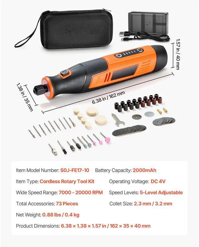 Alt view image 4 of 7 - 73-Piece Cordless Rotary Tool Kit, DC4V Portable Mini Power Rotary Tool, 5-Level Speed 7000-20000 RPM Multi-Purpose DIY Tools for Engraving, Sanding, Polishing, Carving, Cutting, DIY Crafts