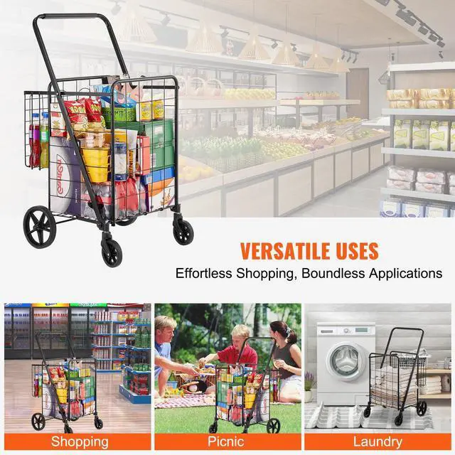Alt view image 2 of 7 - Folding Shopping Cart, Jumbo Grocery Cart with Double Baskets, 360° Swivel Wheels, Heavy Duty Utility Cart, 110 LBS Large Capacity Utility Cart for Laundry, Shopping, Grocery, Luggage