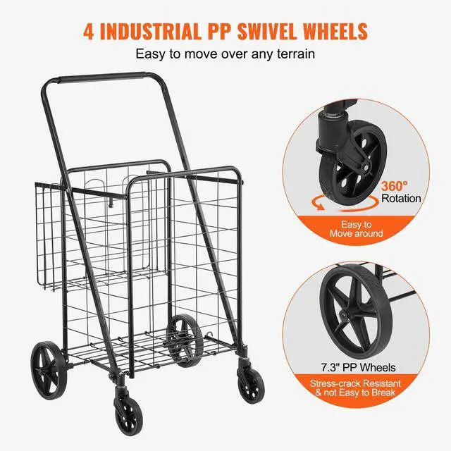 Alt view image 5 of 7 - Folding Shopping Cart, Jumbo Grocery Cart with Double Baskets, 360° Swivel Wheels, Heavy Duty Utility Cart, 110 LBS Large Capacity Utility Cart for Laundry, Shopping, Grocery, Luggage