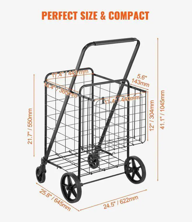 Alt view image 6 of 7 - Folding Shopping Cart, Jumbo Grocery Cart with Double Baskets, 360° Swivel Wheels, Heavy Duty Utility Cart, 110 LBS Large Capacity Utility Cart for Laundry, Shopping, Grocery, Luggage