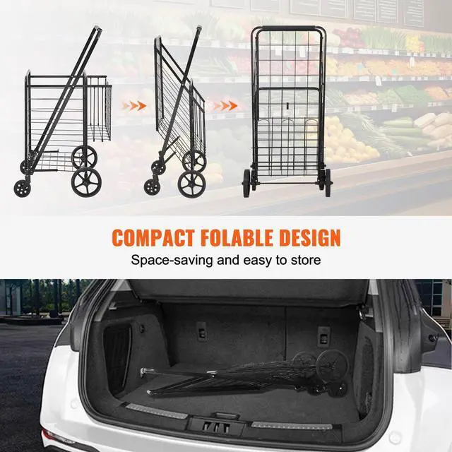 Alt view image 7 of 7 - Folding Shopping Cart, Jumbo Grocery Cart with Double Baskets, 360° Swivel Wheels, Heavy Duty Utility Cart, 110 LBS Large Capacity Utility Cart for Laundry, Shopping, Grocery, Luggage