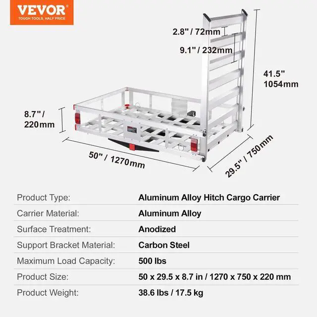 Alt view image 6 of 7 - 50 x 29.5 x 8.7 inch Hitch Cargo Carrier, 500lbs Capacity Trailer Hitch Mounted Cargo Basket, Aluminum Luggage Carrier Rack with Folding Ramp, Fits 2" Hitch Receiver for SUV Truck Pickup Camping