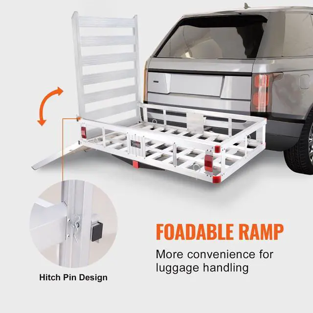 Alt view image 3 of 7 - 50 x 29.5 x 8.7 inch Hitch Cargo Carrier, 500lbs Capacity Trailer Hitch Mounted Cargo Basket, Aluminum Luggage Carrier Rack with Folding Ramp, Fits 2" Hitch Receiver for SUV Truck Pickup Camping