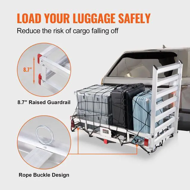 Alt view image 7 of 7 - 50 x 29.5 x 8.7 inch Hitch Cargo Carrier, 500lbs Capacity Trailer Hitch Mounted Cargo Basket, Aluminum Luggage Carrier Rack with Folding Ramp, Fits 2" Hitch Receiver for SUV Truck Pickup Camping