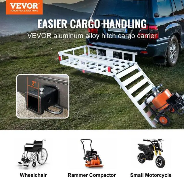 Alt view image 5 of 7 - 50 x 29.5 x 8.7 inch Hitch Cargo Carrier, 500lbs Capacity Trailer Hitch Mounted Cargo Basket, Aluminum Luggage Carrier Rack with Folding Ramp, Fits 2" Hitch Receiver for SUV Truck Pickup Camping