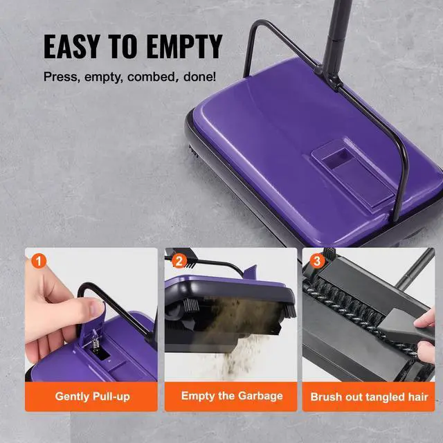 Alt view image 2 of 7 - Carpet Sweeper Manual, Floor Sweeper with 300 ml Dustbin Capacity Easy to Empty, 6.7 inch Cleaning Width for Home Office Carpets Pet Hair Dust, Purple