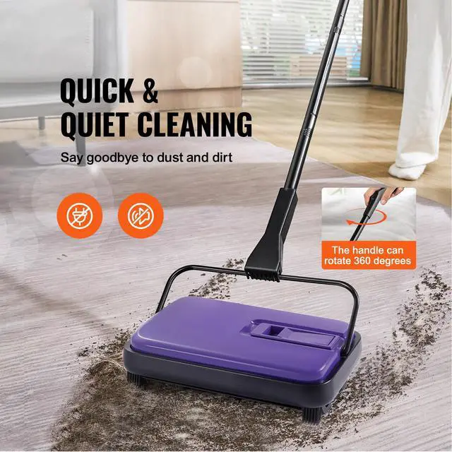 Alt view image 3 of 7 - Carpet Sweeper Manual, Floor Sweeper with 300 ml Dustbin Capacity Easy to Empty, 6.7 inch Cleaning Width for Home Office Carpets Pet Hair Dust, Purple