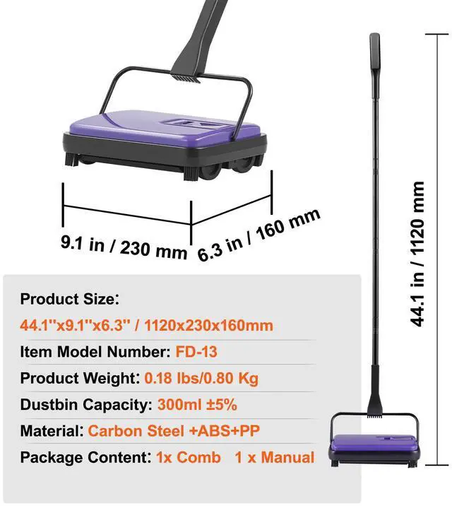 Alt view image 5 of 7 - Carpet Sweeper Manual, Floor Sweeper with 300 ml Dustbin Capacity Easy to Empty, 6.7 inch Cleaning Width for Home Office Carpets Pet Hair Dust, Purple
