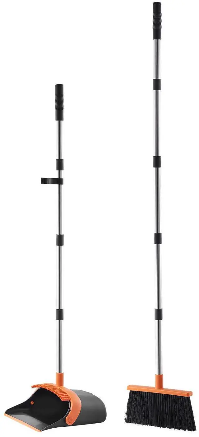 Main image of Broom and Dustpan Set, Heavy Duty Dustpan and Broom Combo with Self-Cleaning Teeth, Metal Upright Standing Dust Pan with Long Handle, Ideal for Home, Restaurant, Office, Dorm, Black+Orange