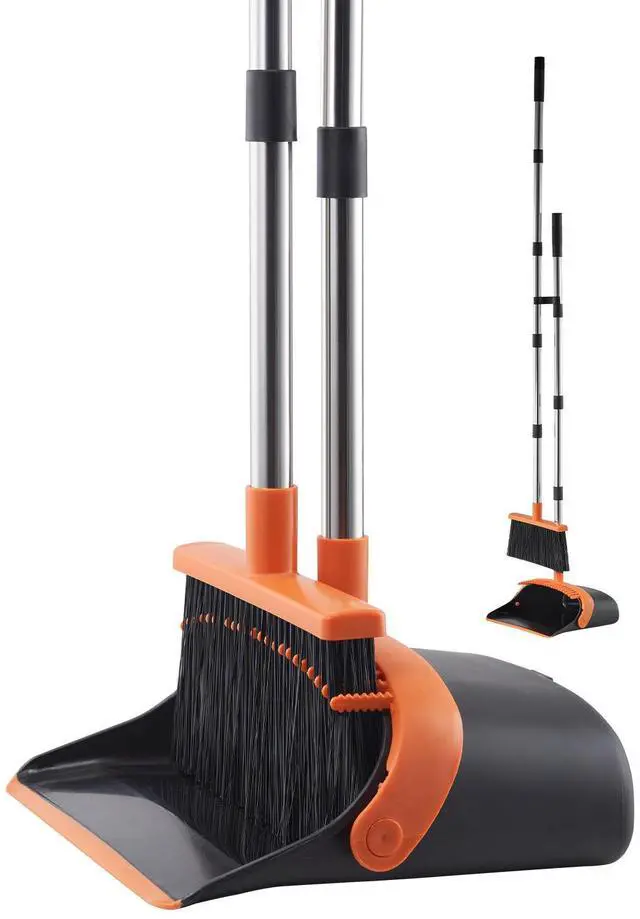 Alt view image 3 of 7 - Broom and Dustpan Set, Heavy Duty Dustpan and Broom Combo with Self-Cleaning Teeth, Metal Upright Standing Dust Pan with Long Handle, Ideal for Home, Restaurant, Office, Dorm, Black+Orange