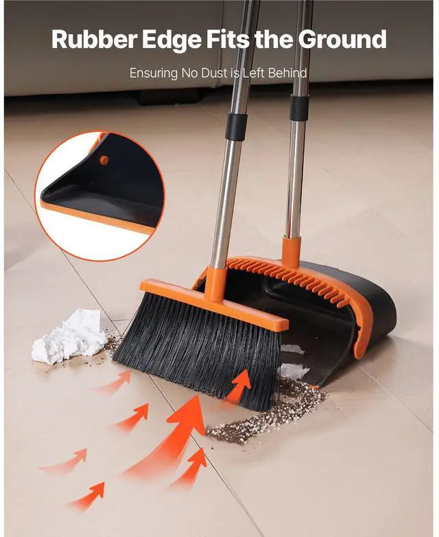 Alt view image 5 of 7 - Broom and Dustpan Set, Heavy Duty Dustpan and Broom Combo with Self-Cleaning Teeth, Metal Upright Standing Dust Pan with Long Handle, Ideal for Home, Restaurant, Office, Dorm, Black+Orange