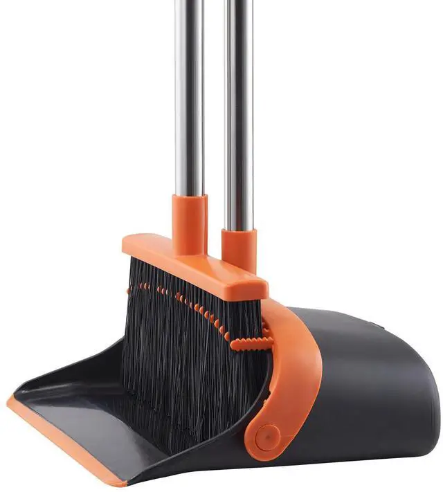 Alt view image 4 of 7 - Broom and Dustpan Set, Heavy Duty Dustpan and Broom Combo with Self-Cleaning Teeth, Metal Upright Standing Dust Pan with Long Handle, Ideal for Home, Restaurant, Office, Dorm, Black+Orange