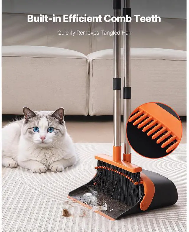 Alt view image 6 of 7 - Broom and Dustpan Set, Heavy Duty Dustpan and Broom Combo with Self-Cleaning Teeth, Metal Upright Standing Dust Pan with Long Handle, Ideal for Home, Restaurant, Office, Dorm, Black+Orange