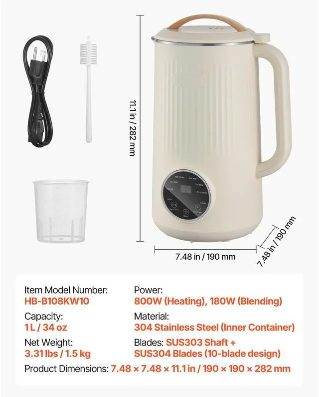 Alt view image 2 of 7 - 8-in-1 Nut Milk Maker, 34 oz Soy Milk Maker with 180W Blending, for Homemade Oat, Nut, Soy, Juice, Milkshake, Rice Cereal, Plant-Based Beverages with Self-Cleaning, Boil Water, 12-Hour Delay
