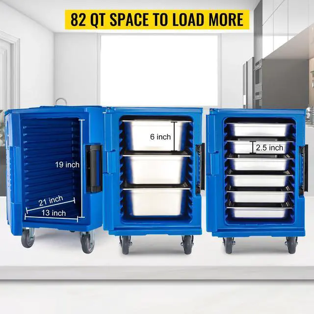 Alt view image 3 of 7 - Insulated Food Pan Carrier, 82 Qt Hot Box for Catering, LLDPE Food Box Carrier w/One-Piece Buckle, Front Loading Food Warmer w/Handles, End Loader w/Wheels for Restaurant, Canteen, etc. Blue