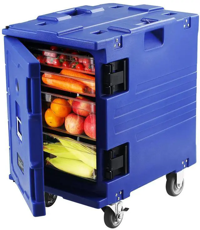 Alt view image 5 of 7 - Insulated Food Pan Carrier, 82 Qt Hot Box for Catering, LLDPE Food Box Carrier w/One-Piece Buckle, Front Loading Food Warmer w/Handles, End Loader w/Wheels for Restaurant, Canteen, etc. Blue