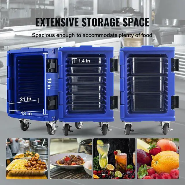Alt view image 2 of 7 - Insulated Food Pan Carrier, 82 Qt Hot Box for Catering, LLDPE Food Box Carrier w/One-Piece Buckle, Front Loading Food Warmer w/Handles, End Loader w/Wheels for Restaurant, Canteen, etc. Blue