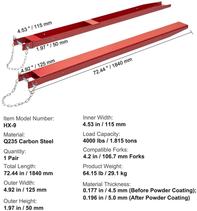 Alt view image 2 of 7 - Pallet Fork Extensions, 72" Length 4.5" Width, Heavy Duty Carbon Steel Fork Extensions for Forklifts, 1 Pair Forklift Extensions with Pins, Forklift Fork Attachments for Forklift Truck, Red