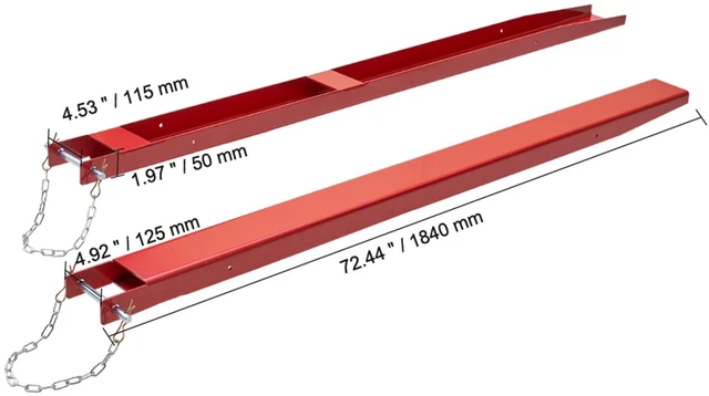 Alt view image 6 of 7 - Pallet Fork Extensions, 72" Length 4.5" Width, Heavy Duty Carbon Steel Fork Extensions for Forklifts, 1 Pair Forklift Extensions with Pins, Forklift Fork Attachments for Forklift Truck, Red