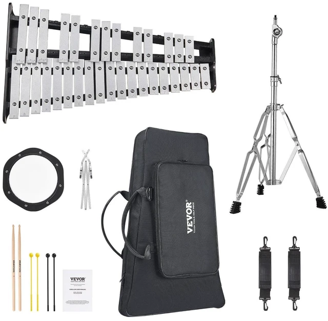 Alt view image 2 of 7 - 32 Note Glockenspiel Xylophone Bell Kit, Professional Percussion Instrument Set with Mallets, Drum Sticks, Music Stand, 8" Practice Pad, Adjustable Stand and Carrying Bag for Students & Adults