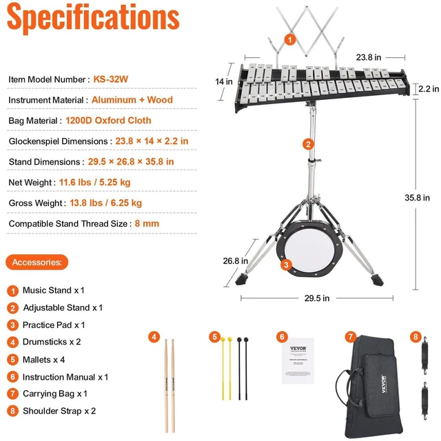 Alt view image 3 of 7 - 32 Note Glockenspiel Xylophone Bell Kit, Professional Percussion Instrument Set with Mallets, Drum Sticks, Music Stand, 8" Practice Pad, Adjustable Stand and Carrying Bag for Students & Adults