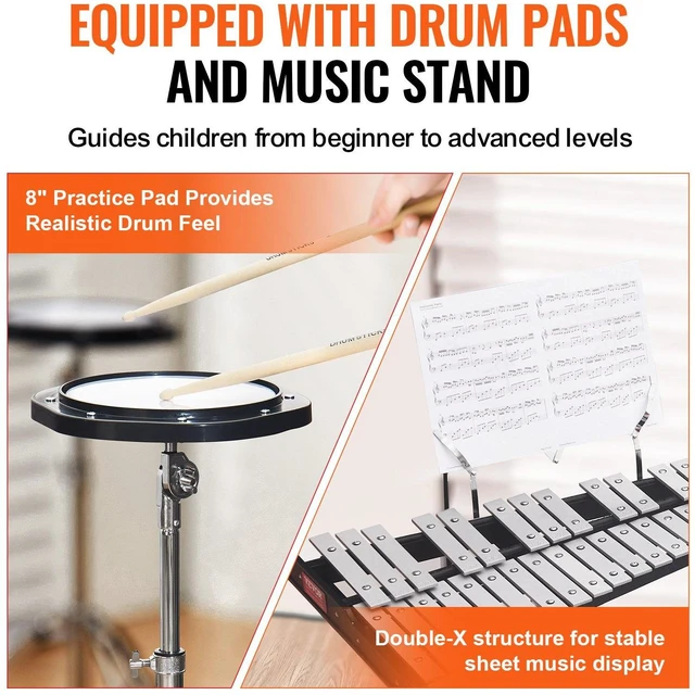 Alt view image 5 of 7 - 32 Note Glockenspiel Xylophone Bell Kit, Professional Percussion Instrument Set with Mallets, Drum Sticks, Music Stand, 8" Practice Pad, Adjustable Stand and Carrying Bag for Students & Adults