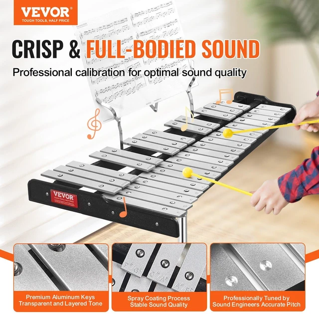 Alt view image 7 of 7 - 32 Note Glockenspiel Xylophone Bell Kit, Professional Percussion Instrument Set with Mallets, Drum Sticks, Music Stand, 8" Practice Pad, Adjustable Stand and Carrying Bag for Students & Adults