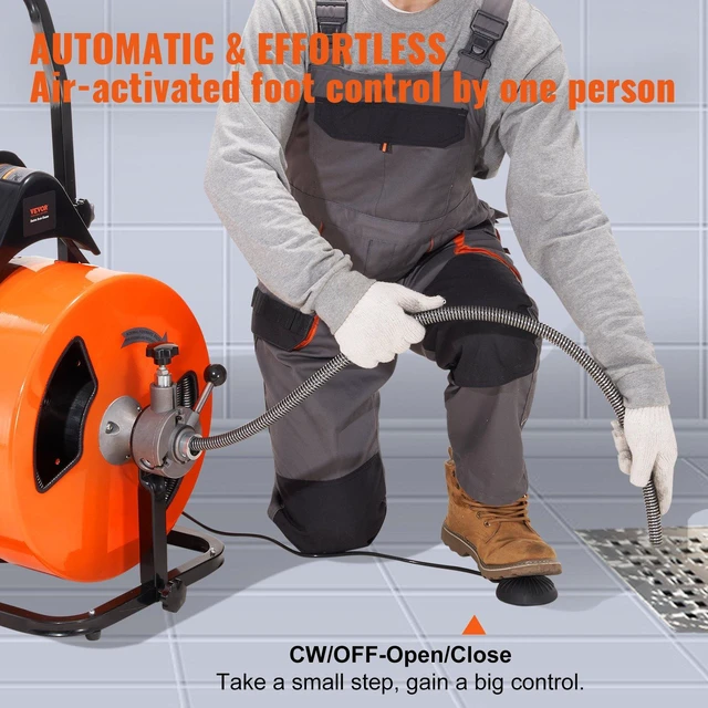 Alt view image 2 of 7 - Drain Cleaning Machine 100FT x 3/4 Inch, Sewer Snake Machine Auto Feed, Drain Auger Cleaner with 4 Cutter & Air-Activated Foot Switch for 1" to 4" Pipes