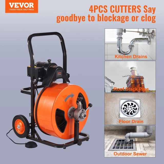 Alt view image 7 of 7 - Drain Cleaning Machine 100FT x 3/4 Inch, Sewer Snake Machine Auto Feed, Drain Auger Cleaner with 4 Cutter & Air-Activated Foot Switch for 1" to 4" Pipes