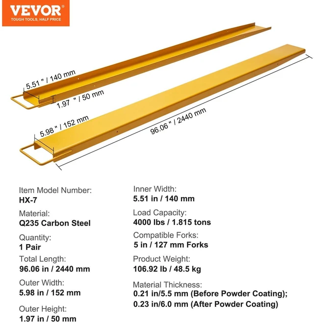 Alt view image 2 of 7 - Pallet Fork Extensions, 96" Length 5.5" Width, Heavy Duty Carbon Steel Fork Extensions for Forklifts, 1 Pair Forklift Extensions, Industrial Forklift Fork Attachments for Forklift Truck, Yellow