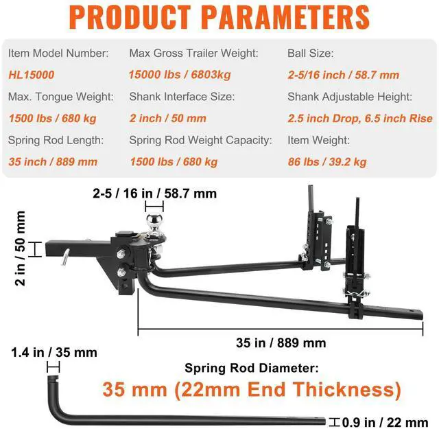 Alt view image 7 of 7 - Weight Distribution Hitch, 1,500 lbs Weight Distributing Hitches Kit with Sway Control for Trailer, 2-In Solid Steel Shank, 2-5/16 in Alloy Steel Ball, Powder Coated Load Leveling Hitch, Black