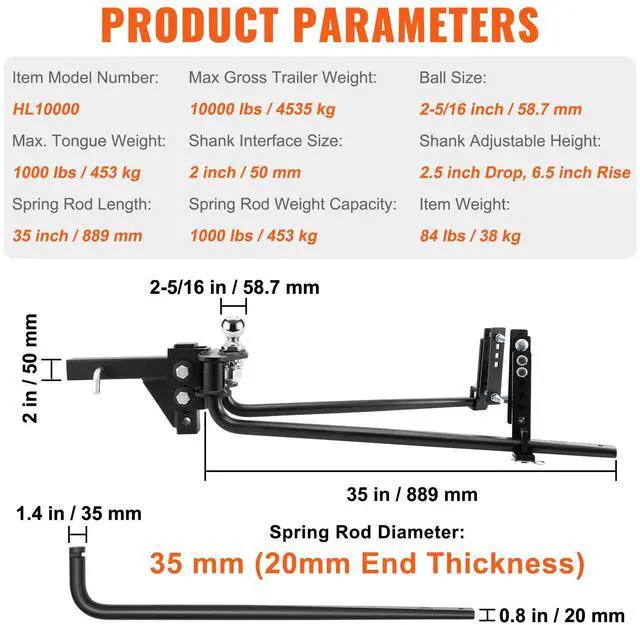 Alt view image 6 of 7 - Weight Distribution Hitch, 1,000 lbs Weight Distributing Hitches Kit with Sway Control for Trailer, 2-In Solid Steel Shank, 2-5/16 in Alloy Steel Ball, Powder Coated Load Leveling Hitch, Black