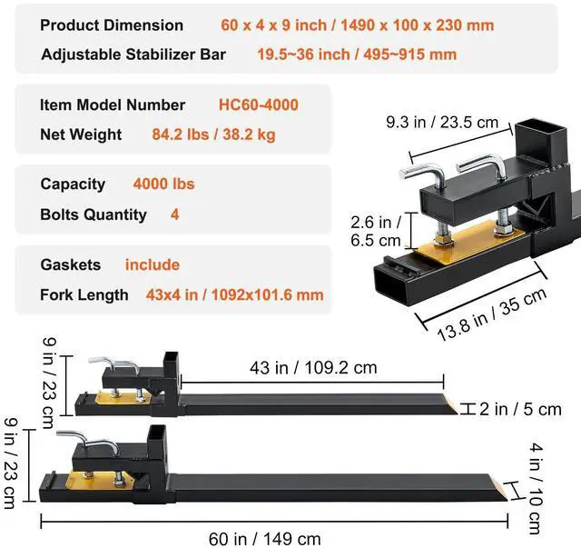 Alt view image 2 of 7 - Pallet Forks, 4000 lbs Capacity clamp on Pallet Forks, 60" Tractor Bucket Forks, Heavy Duty Front Loader Attachment for Tractor, Loader Bucket, Skid Steer, Tractor Forks for Agriculture and Farm