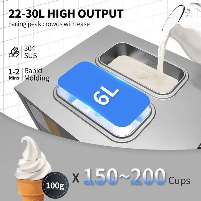 Alt view image 3 of 7 - Commercial Ice Cream Maker, 22-30L/H Yield, 2200W Countertop Soft Serve Machine w/ 2x6L Hopper 2L Cylinder LCD Panel Puffing Shortage Alarm, Frozen Yogurt Maker for Restaurant Snack Bar, Silver