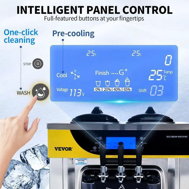 Alt view image 7 of 7 - Commercial Ice Cream Maker, 22-30L/H Yield, 2200W Countertop Soft Serve Machine w/ 2x6L Hopper 2L Cylinder LCD Panel Puffing Shortage Alarm, Frozen Yogurt Maker for Restaurant Snack Bar, Silver