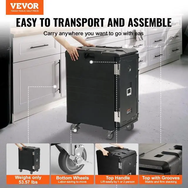 Alt view image 3 of 7 - Insulated Food Pan Carrier, 109 Qt Hot Box for Catering, LLDPE Food Box Carrier w/Double Buckles, Front Loading Food Warmer w/Handles, End Loader w/Wheels for Restaurant, Canteen, etc. Black