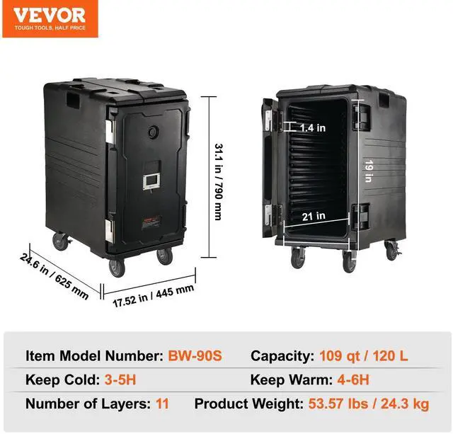 Alt view image 5 of 7 - Insulated Food Pan Carrier, 109 Qt Hot Box for Catering, LLDPE Food Box Carrier w/Double Buckles, Front Loading Food Warmer w/Handles, End Loader w/Wheels for Restaurant, Canteen, etc. Black
